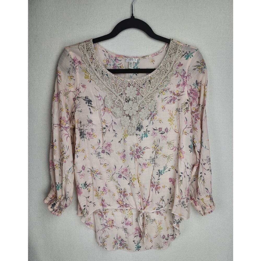 Spense Top Women's M sweet light pink floral flowy boho with crocheted details